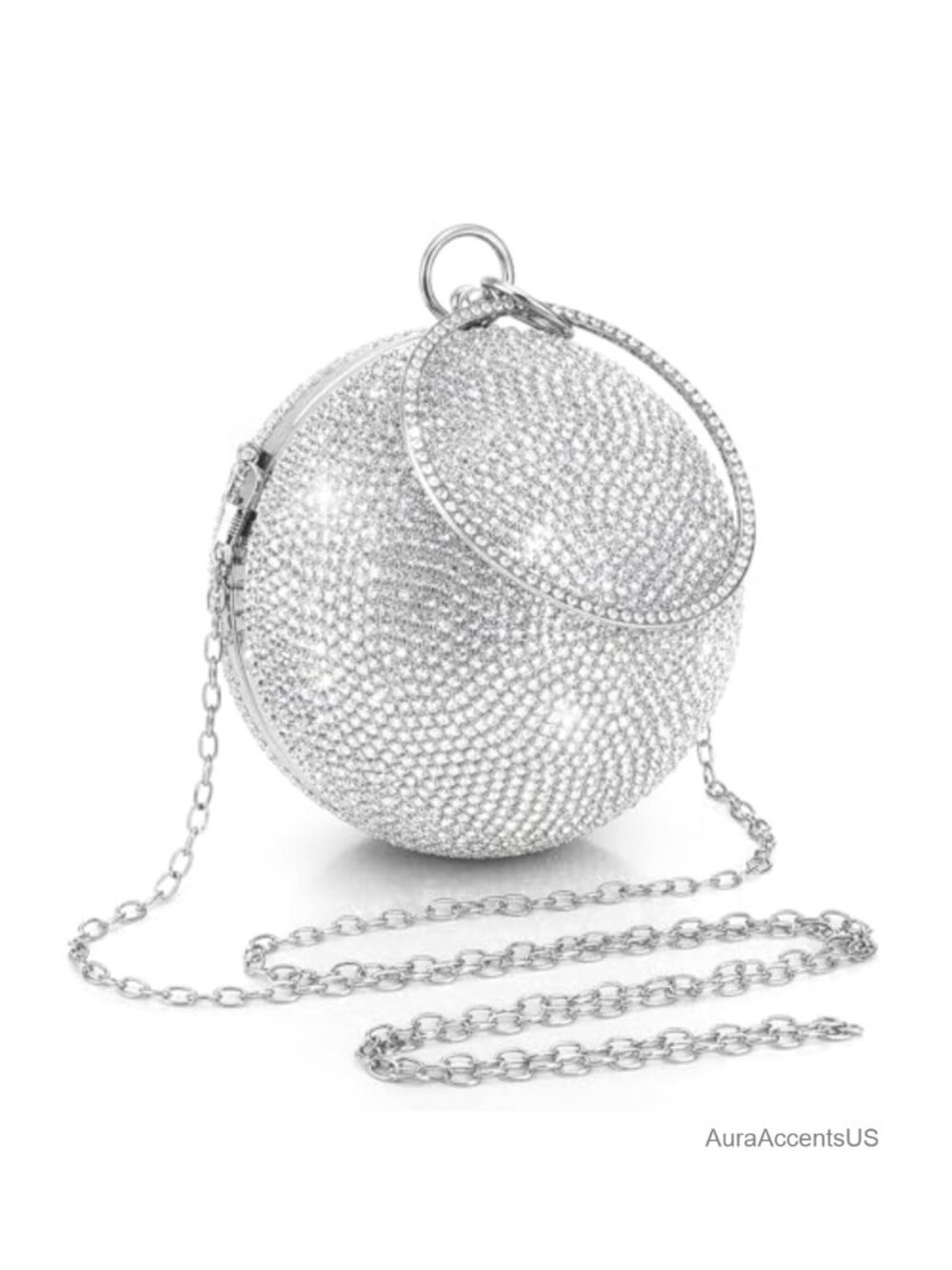 Rhinestone Round Clutch Wristlet Evening Bag Detachable Chain